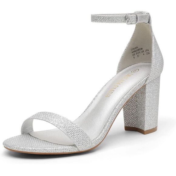 Dream Pairs Silver Glitter Block Heel Sandals Ankle Strap Evening‎ Bride Shoes 8 - Picture 1 of 16